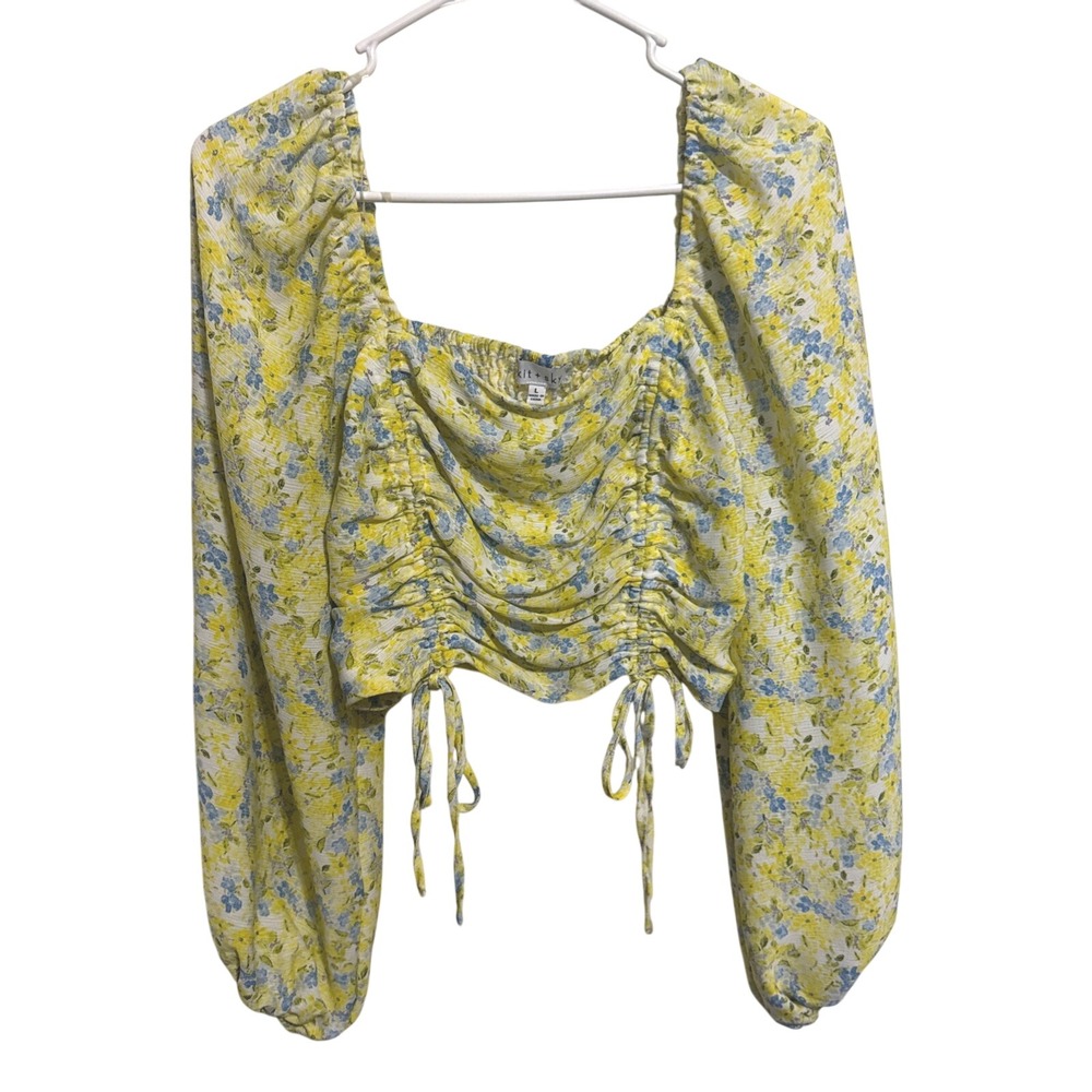 Kit + Sky Yellow Blue Floral Ruched Front Smocked Back Crop Top Large‎